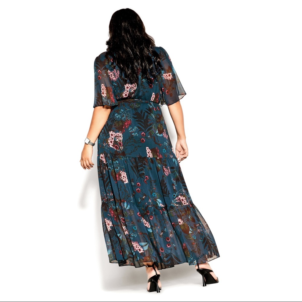 City Chic Maxi Dress Botanica Peacock Teal Blue Ruffle Flutter Sleeve - Picture 3 of 10